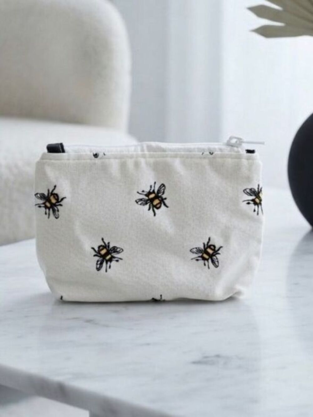 Embroidered Bee on White Denim zippered Pouch